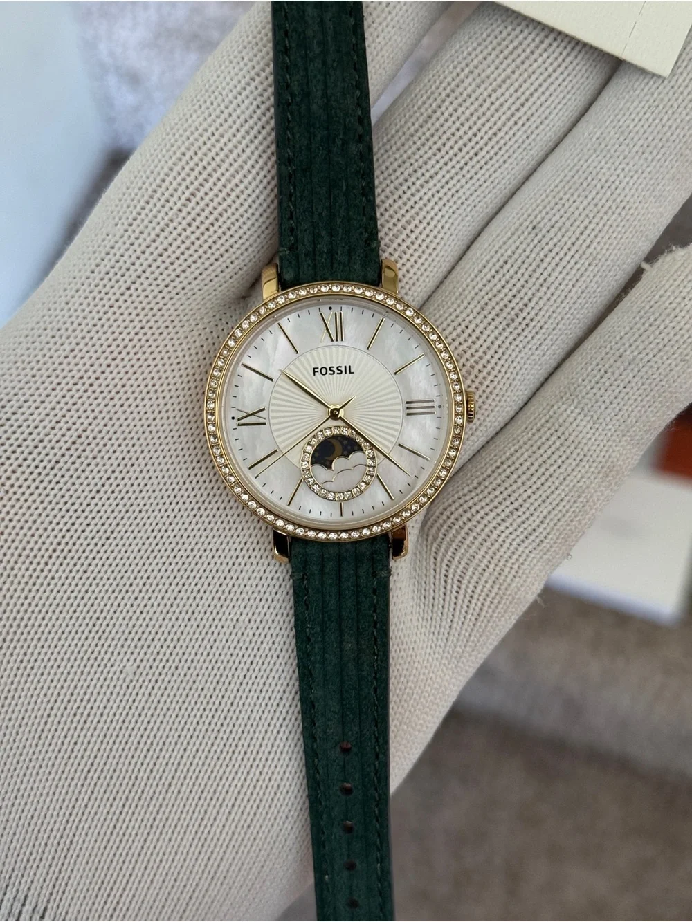 Fossil Women's Jacqueline Moonphase Green Leather Strap Gold Crystal Dial Watch